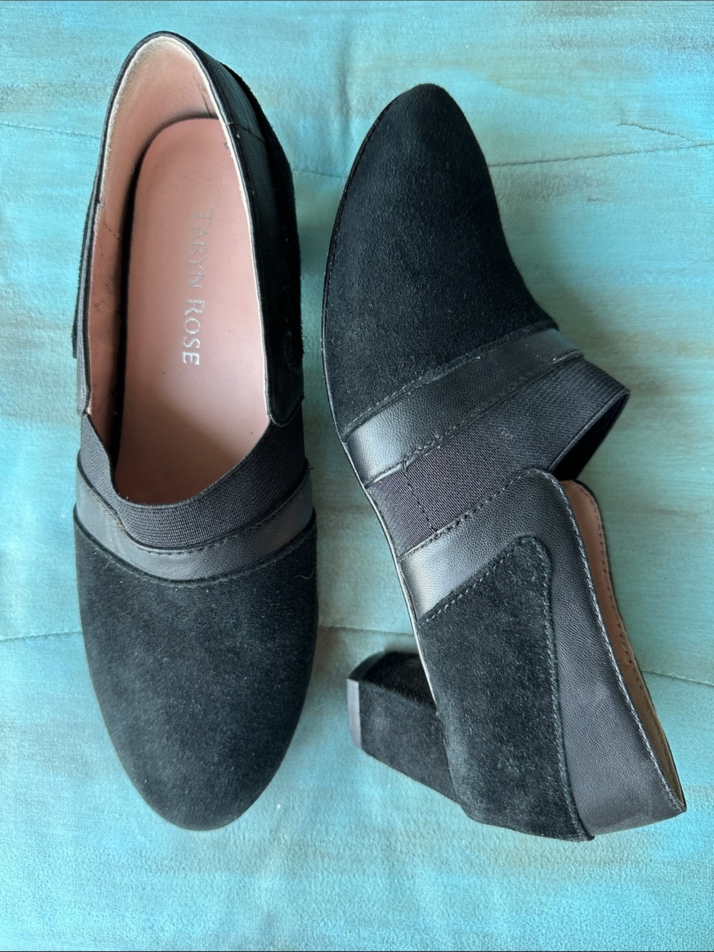 Taryn Rose Black Suede Slip-On Loafers with Leather Trim